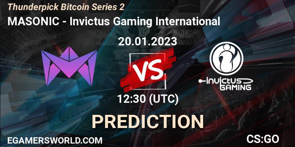 MASONIC contre Invictus Gaming International : prédiction de match. 22.01.2023 at 09:00. Counter-Strike (CS2), Thunderpick Bitcoin Series 2