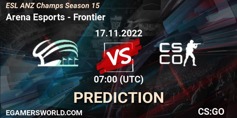 Arena Esports contre Frontier : prédiction de match. 17.11.2022 at 07:00. Counter-Strike (CS2), ESL ANZ Champs Season 15