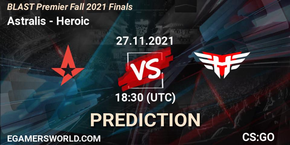 Astralis contre Heroic : prédiction de match. 27.11.2021 at 19:45. Counter-Strike (CS2), BLAST Premier Fall 2021 Finals