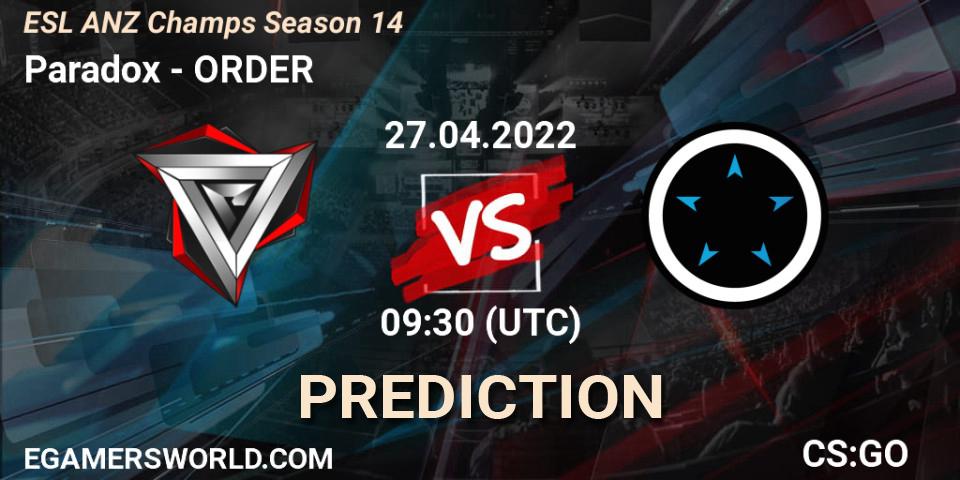 Paradox contre ORDER : prédiction de match. 27.04.2022 at 09:40. Counter-Strike (CS2), ESL ANZ Champs Season 14