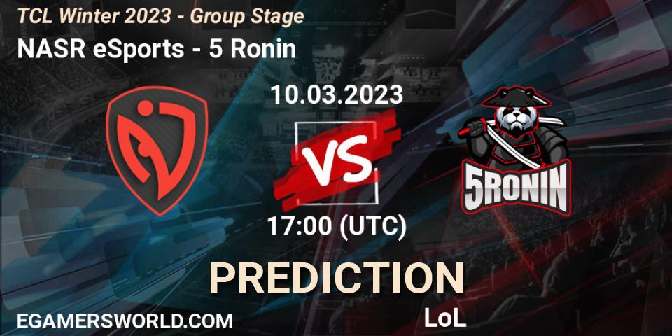 NASR eSports contre 5 Ronin : prédiction de match. 17.03.2023 at 17:00. LoL, TCL Winter 2023 - Group Stage