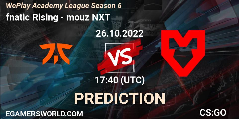 fnatic Rising contre mouz NXT : prédiction de match. 26.10.2022 at 18:30. Counter-Strike (CS2), WePlay Academy League Season 6