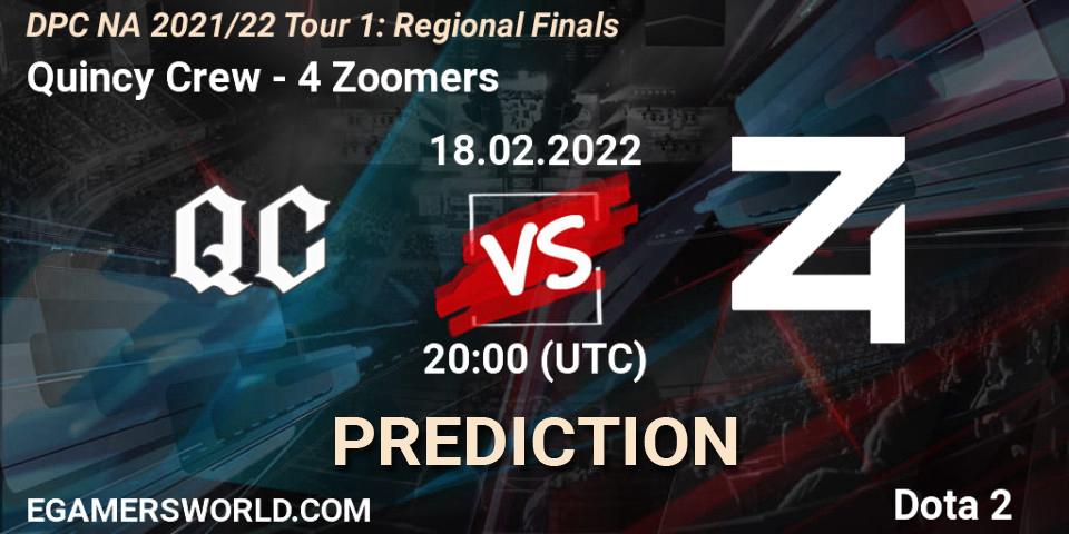 Quincy Crew contre 4 Zoomers : prédiction de match. 18.02.2022 at 19:55. Dota 2, DPC NA 2021/22 Tour 1: Regional Finals