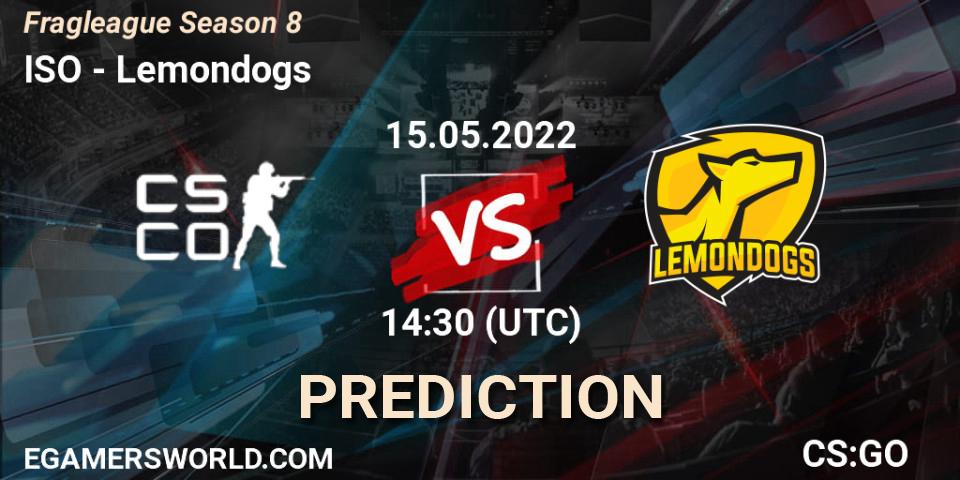 ISO Esports contre Lemondogs : prédiction de match. 15.05.2022 at 14:30. Counter-Strike (CS2), Fragleague Season 8