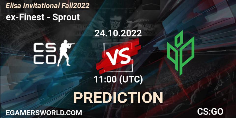 ex-Finest contre Sprout : prédiction de match. 24.10.2022 at 11:00. Counter-Strike (CS2), Elisa Invitational Fall 2022