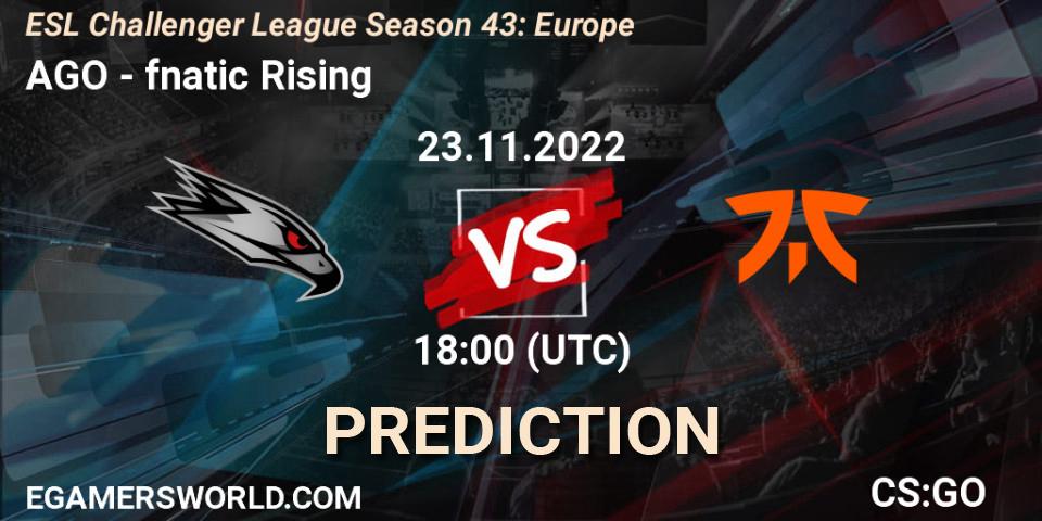 AGO contre fnatic Rising : prédiction de match. 23.11.2022 at 18:00. Counter-Strike (CS2), ESL Challenger League Season 43: Europe