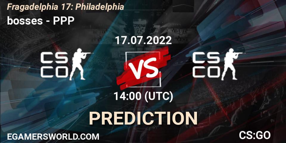 bosses contre PPP : prédiction de match. 17.07.2022 at 14:00. Counter-Strike (CS2), Fragadelphia 17: Philadelphia
