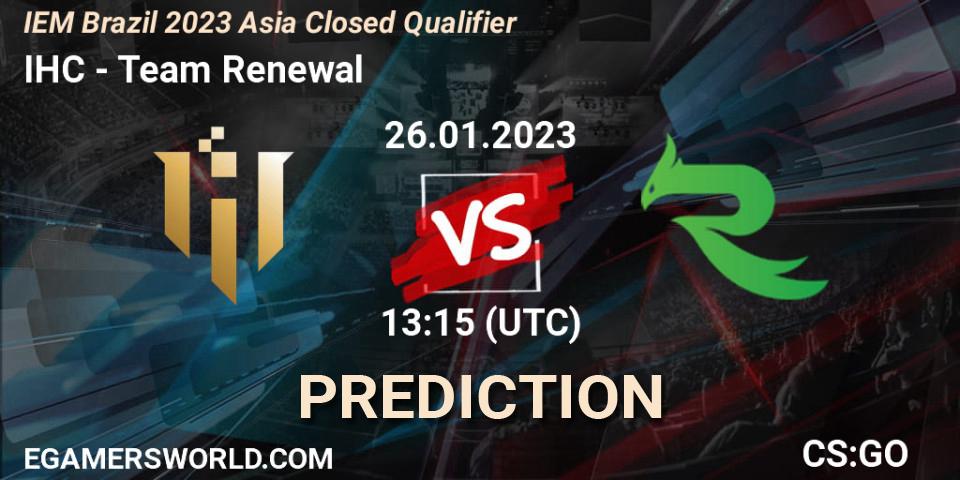 IHC contre Team Renewal : prédiction de match. 26.01.2023 at 13:15. Counter-Strike (CS2), IEM Brazil Rio 2023 Asia Closed Qualifier