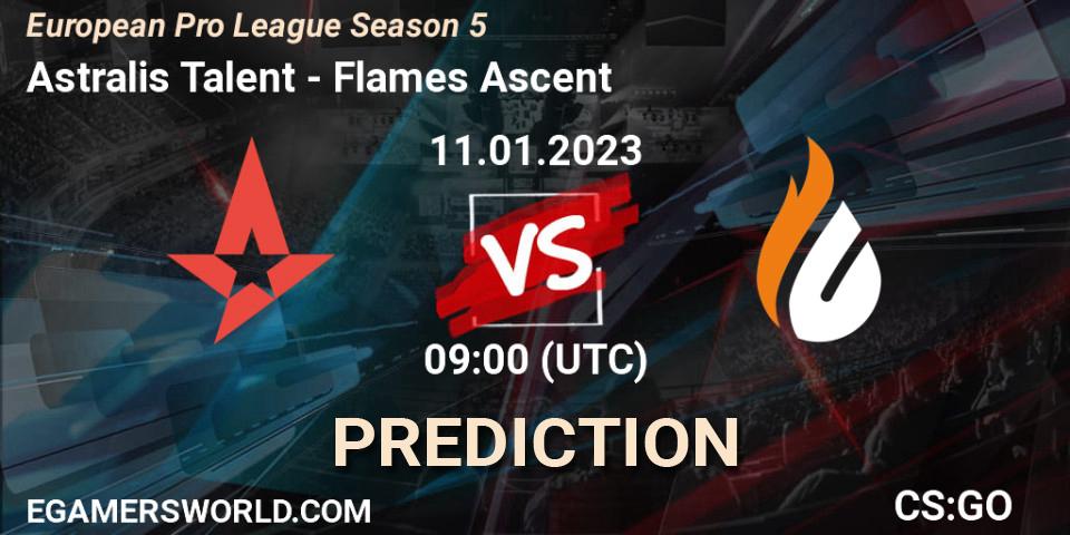 Astralis Talent contre Flames Ascent : prédiction de match. 11.01.2023 at 09:00. Counter-Strike (CS2), European Pro League Season 5