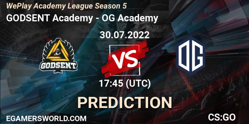 GODSENT Academy contre OG Academy : prédiction de match. 30.07.2022 at 17:45. Counter-Strike (CS2), WePlay Academy League Season 5