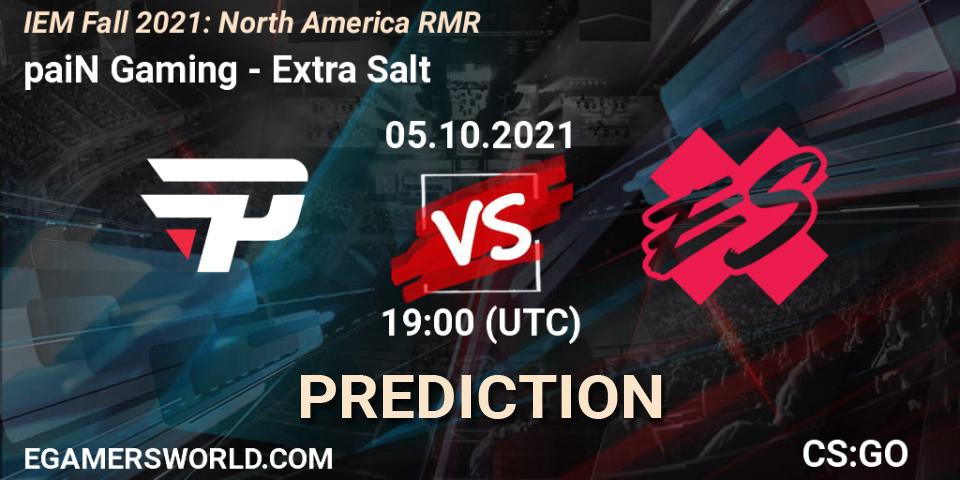 paiN Gaming contre Extra Salt : prédiction de match. 05.10.2021 at 19:00. Counter-Strike (CS2), IEM Fall 2021: North America RMR