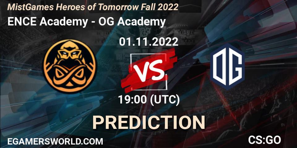 ENCE Academy contre OG Academy : prédiction de match. 01.11.2022 at 19:45. Counter-Strike (CS2), MistGames Heroes of Tomorrow Fall 2022
