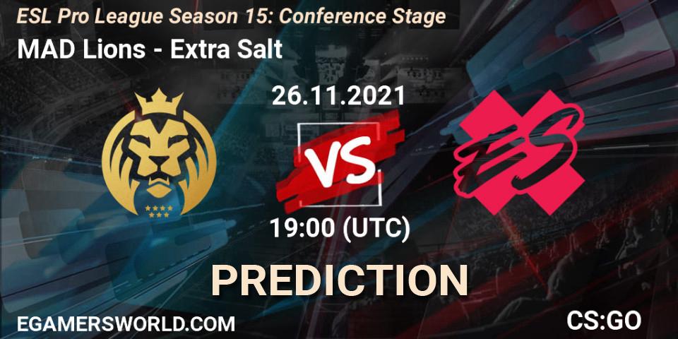 MAD Lions contre Extra Salt : prédiction de match. 26.11.2021 at 20:25. Counter-Strike (CS2), ESL Pro League Season 15: Conference Stage