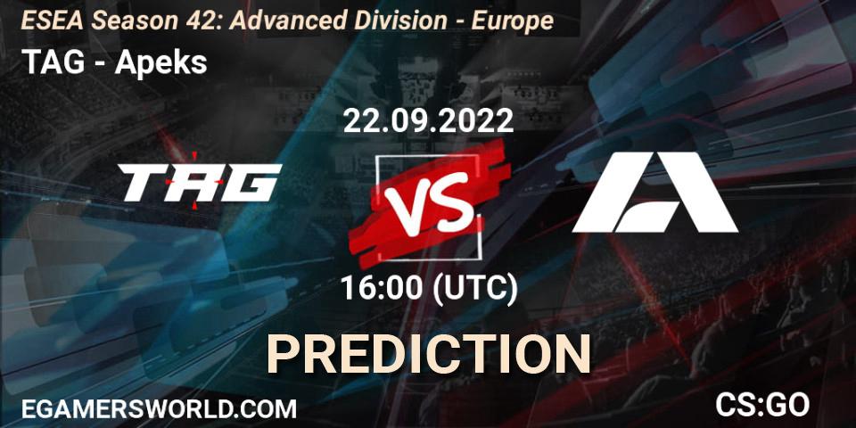TAG contre Apeks : prédiction de match. 22.09.2022 at 16:00. Counter-Strike (CS2), ESEA Season 42: Advanced Division - Europe