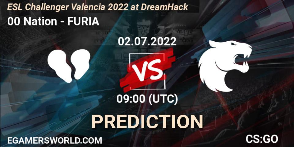 00 Nation contre FURIA : prédiction de match. 02.07.2022 at 09:00. Counter-Strike (CS2), ESL Challenger Valencia 2022 at DreamHack