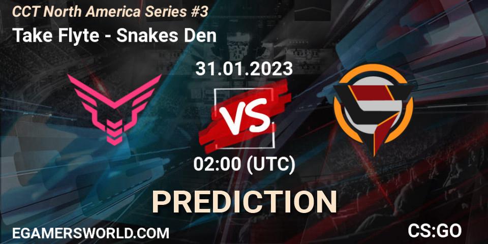 Take Flyte contre Snakes Den : prédiction de match. 31.01.2023 at 02:00. Counter-Strike (CS2), CCT North America Series #3