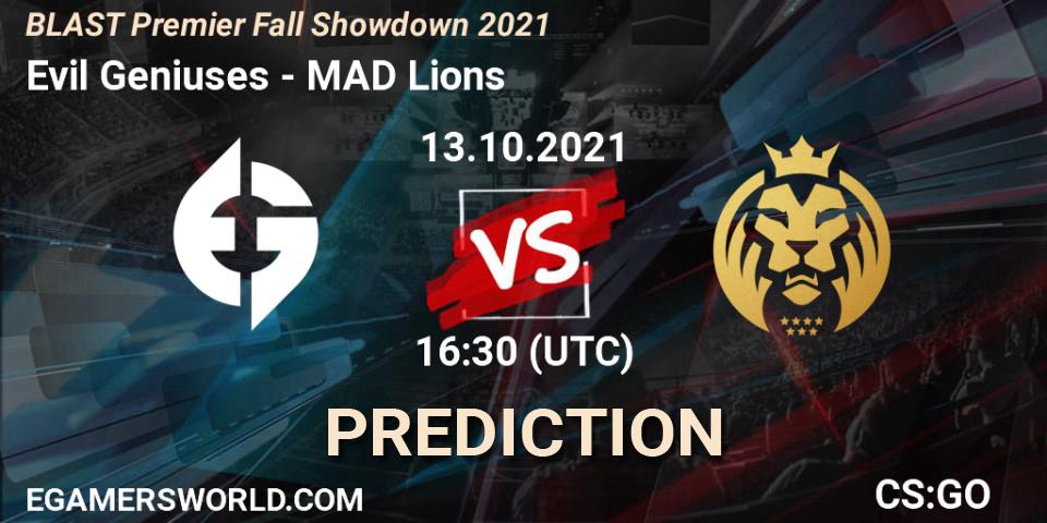Evil Geniuses contre MAD Lions : prédiction de match. 15.10.2021 at 10:30. Counter-Strike (CS2), BLAST Premier Fall Showdown 2021