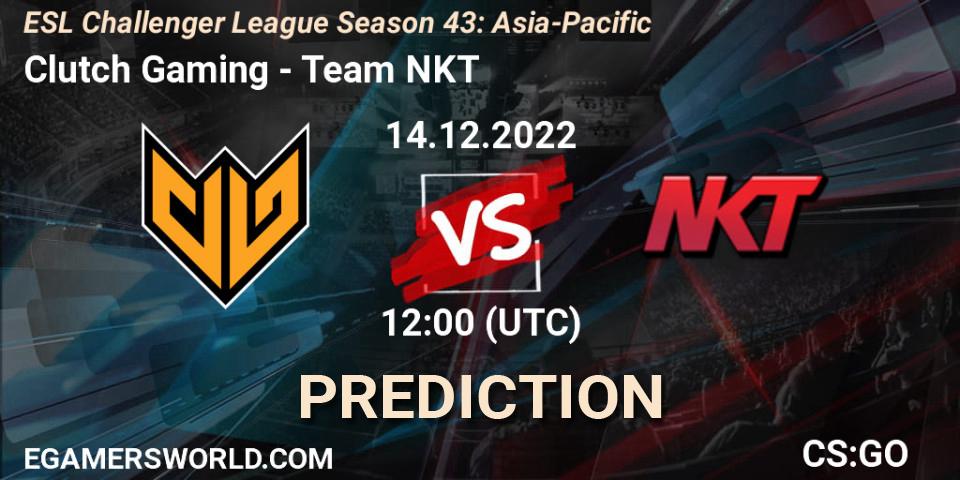 Clutch Gaming contre Team NKT : prédiction de match. 14.12.2022 at 12:00. Counter-Strike (CS2), ESL Challenger League Season 43: Asia-Pacific