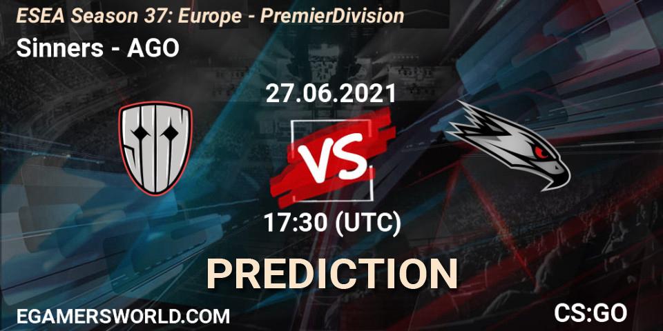 Sinners contre AGO : prédiction de match. 27.06.2021 at 17:30. Counter-Strike (CS2), ESEA Season 37: Europe - Premier Division