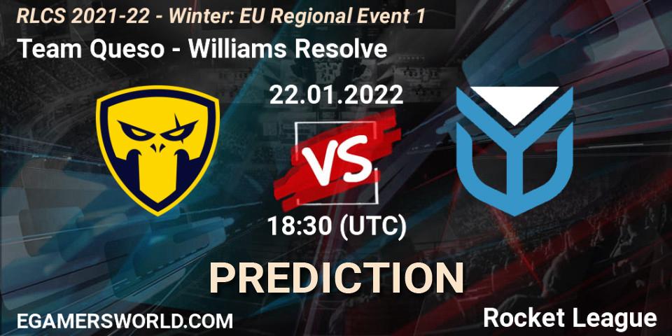 Team Queso contre Williams Resolve : prédiction de match. 22.01.2022 at 17:20. Rocket League, RLCS 2021-22 - Winter: EU Regional Event 1