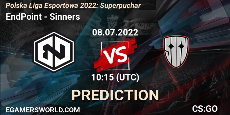 EndPoint contre Sinners : prédiction de match. 08.07.2022 at 11:00. Counter-Strike (CS2), Polska Liga Esportowa 2022: Superpuchar