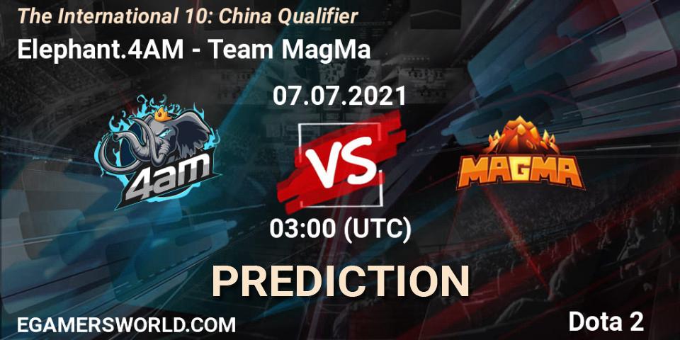 Elephant.4AM contre Team MagMa : prédiction de match. 07.07.2021 at 03:19. Dota 2, The International 10: China Qualifier