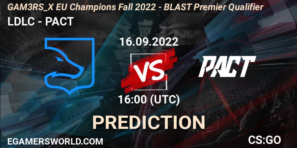 LDLC contre PACT : prédiction de match. 16.09.2022 at 16:10. Counter-Strike (CS2), GAM3RS_X EU Champions: Fall 2022