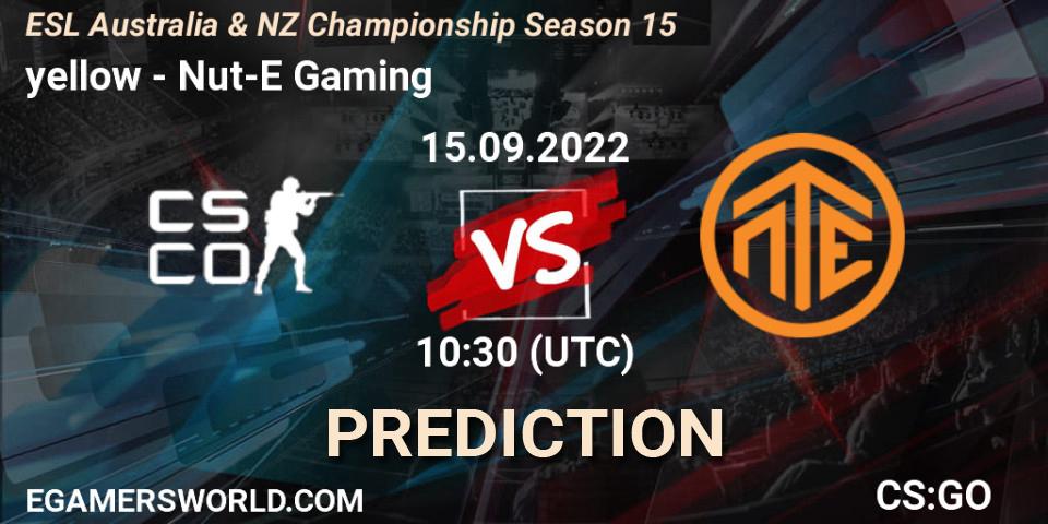 yellow contre Nut-E Gaming : prédiction de match. 15.09.2022 at 10:10. Counter-Strike (CS2), ESL ANZ Champs Season 15