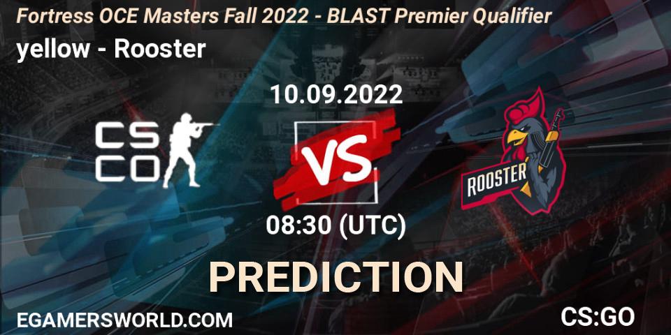 yellow contre Rooster : prédiction de match. 10.09.2022 at 08:30. Counter-Strike (CS2), Fortress OCE Masters Fall 2022 - BLAST Premier Qualifier