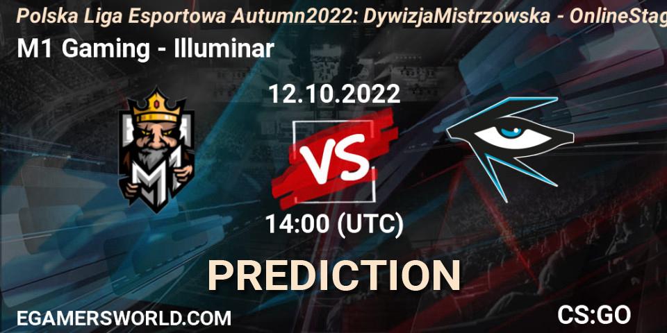 M1 Gaming contre Illuminar : prédiction de match. 12.10.2022 at 14:00. Counter-Strike (CS2), Polska Liga Esportowa Autumn 2022: Dywizja Mistrzowska - Online Stage