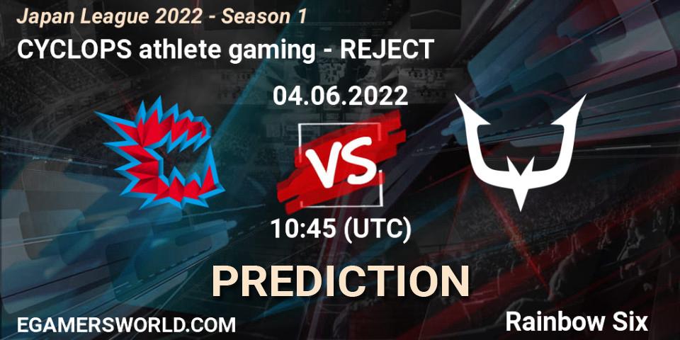 CYCLOPS athlete gaming contre REJECT : prédiction de match. 04.06.2022 at 10:45. Rainbow Six, Japan League 2022 - Season 1