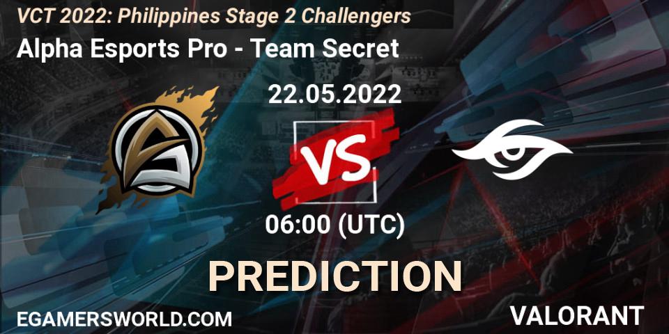 Alpha Esports Pro contre Team Secret : prédiction de match. 22.05.2022 at 07:00. VALORANT, VCT 2022: Philippines Stage 2 Challengers