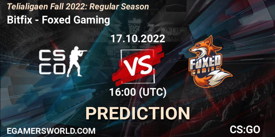 Bitfix contre Foxed Gaming : prédiction de match. 17.10.2022 at 16:00. Counter-Strike (CS2), Telialigaen Fall 2022: Regular Season