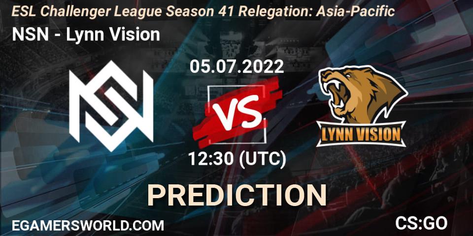 NSN contre Lynn Vision : prédiction de match. 05.07.2022 at 12:30. Counter-Strike (CS2), ESL Challenger League Season 41 Relegation: Asia-Pacific