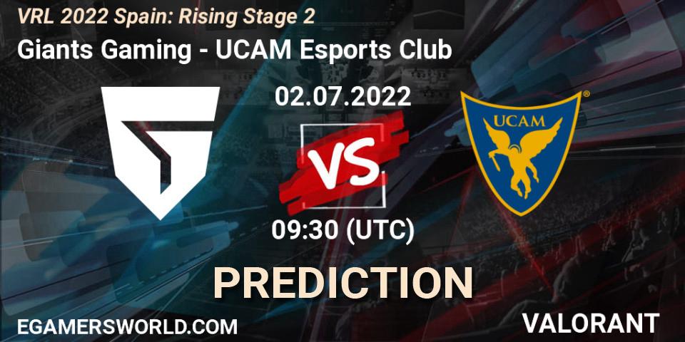 Giants Gaming contre UCAM Esports Club : prédiction de match. 02.07.2022 at 09:30. VALORANT, VRL 2022 Spain: Rising Stage 2