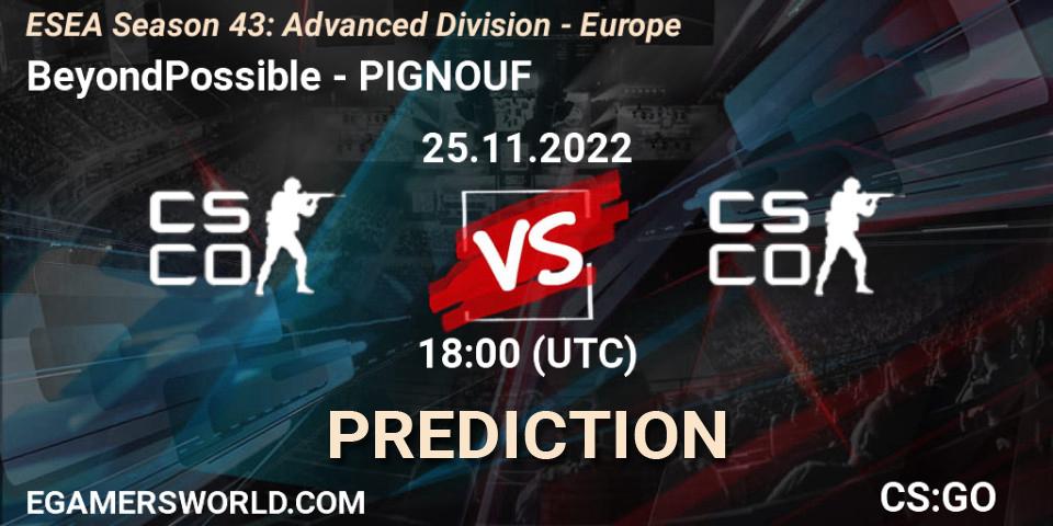 BeyondPossible contre PIGNOUF : prédiction de match. 25.11.2022 at 18:00. Counter-Strike (CS2), ESEA Season 43: Advanced Division - Europe