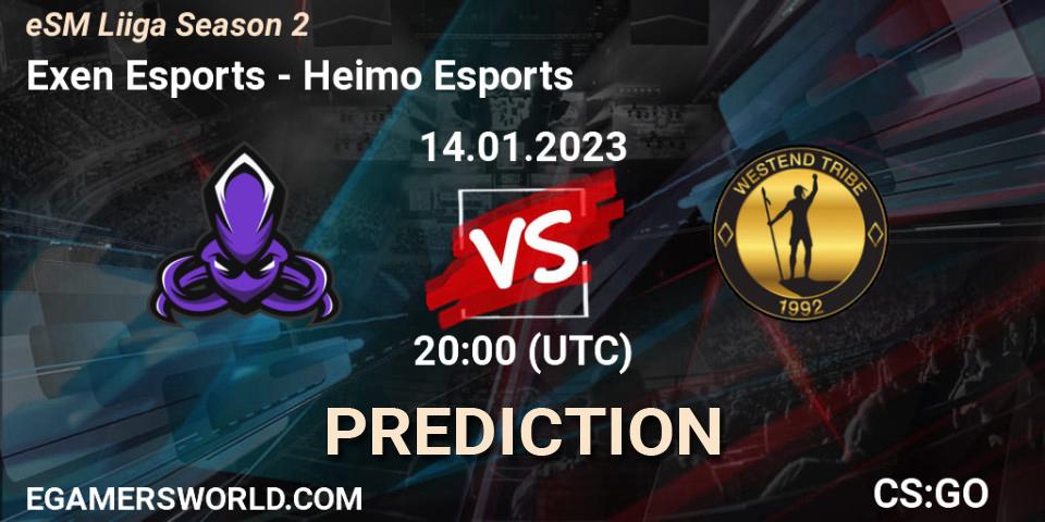 Exen Esports contre Heimo Esports : prédiction de match. 14.01.2023 at 16:00. Counter-Strike (CS2), eSM League Season 2
