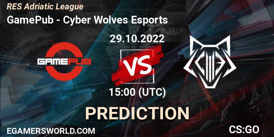 GamePub contre Cyber Wolves Esports : prédiction de match. 30.10.2022 at 16:00. Counter-Strike (CS2), RES Adriatic League