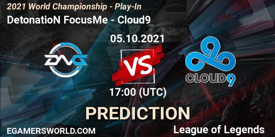 DetonatioN FocusMe contre Cloud9 : prédiction de match. 05.10.2021 at 17:30. LoL, 2021 World Championship - Play-In