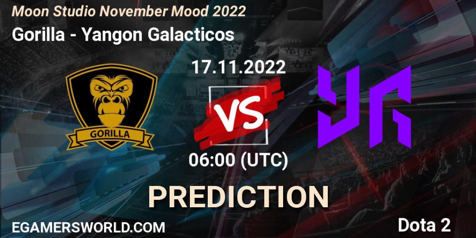 Gorilla contre Yangon Galacticos : prédiction de match. 17.11.2022 at 05:59. Dota 2, Moon Studio November Mood 2022