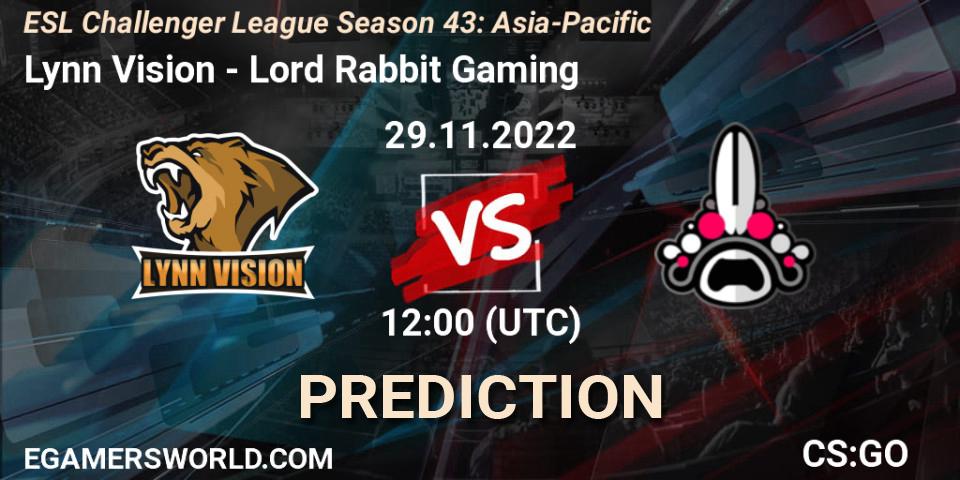 Lynn Vision contre Lord Rabbit : prédiction de match. 29.11.2022 at 12:00. Counter-Strike (CS2), ESL Challenger League Season 43: Asia-Pacific