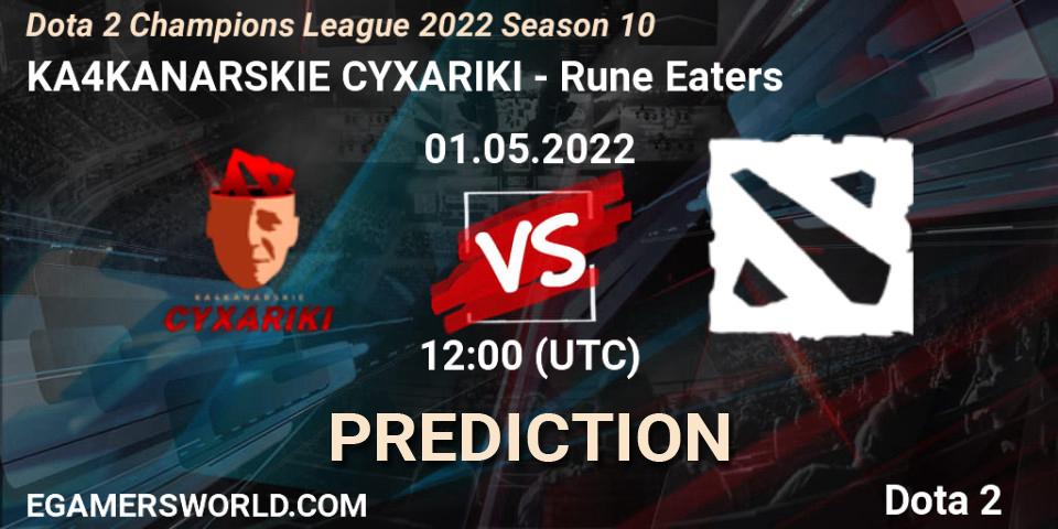 KA4KANARSKIE CYXARIKI contre Rune Eaters : prédiction de match. 01.05.2022 at 15:02. Dota 2, Dota 2 Champions League 2022 Season 10 
