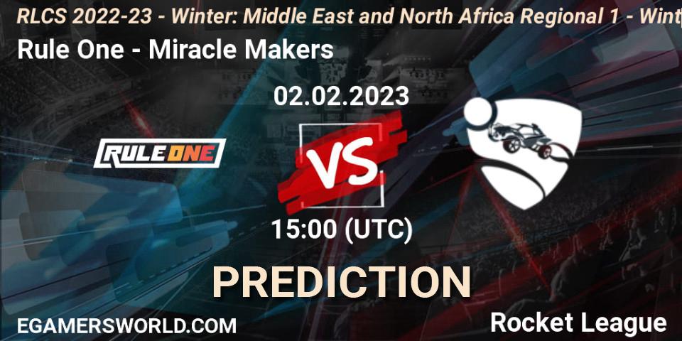 Rule One contre Miracle Makers : prédiction de match. 02.02.2023 at 15:00. Rocket League, RLCS 2022-23 - Winter: Middle East and North Africa Regional 1 - Winter Open