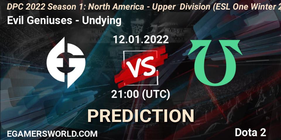 Evil Geniuses contre Undying : prédiction de match. 12.01.2022 at 19:58. Dota 2, DPC 2022 Season 1: North America - Upper Division (ESL One Winter 2021)