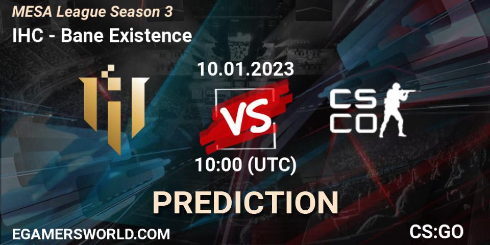IHC contre Bane Existence : prédiction de match. 16.01.2023 at 11:00. Counter-Strike (CS2), MESA League Season 3