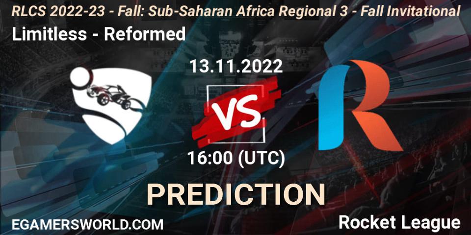 Limitless contre Reformed : prédiction de match. 13.11.2022 at 16:00. Rocket League, RLCS 2022-23 - Fall: Sub-Saharan Africa Regional 3 - Fall Invitational