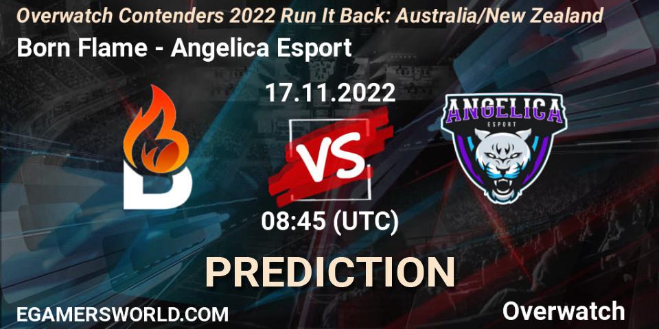 Born Flame contre Angelica Esport : prédiction de match. 17.11.2022 at 08:45. Overwatch, Overwatch Contenders 2022 - Australia/New Zealand - November