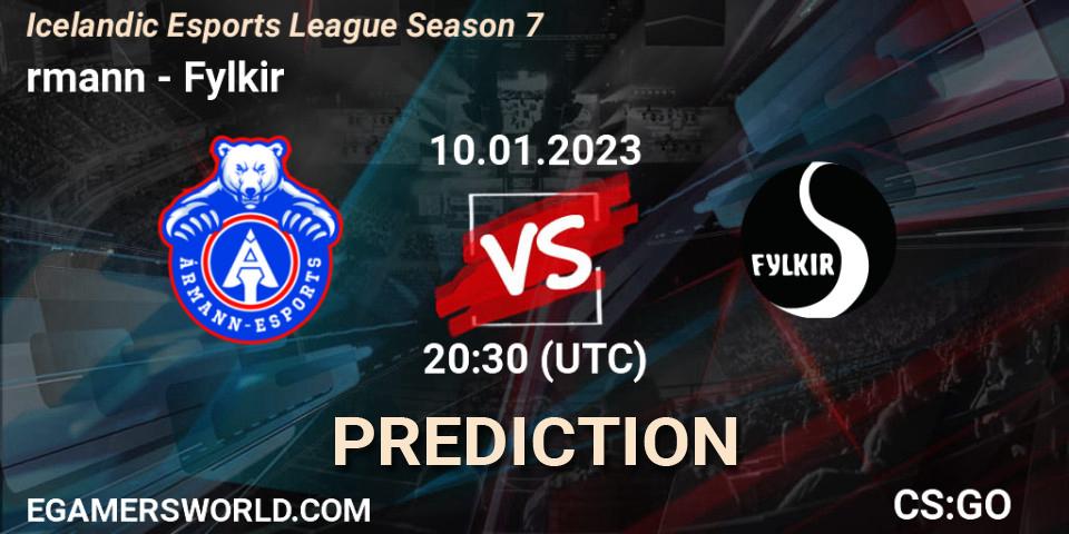 Ármann contre Fylkir : prédiction de match. 12.01.2023 at 19:30. Counter-Strike (CS2), Icelandic Esports League Season 7