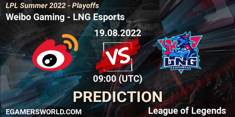 Weibo Gaming contre LNG Esports : prédiction de match. 19.08.2022 at 09:00. LoL, LPL Summer 2022 - Playoffs