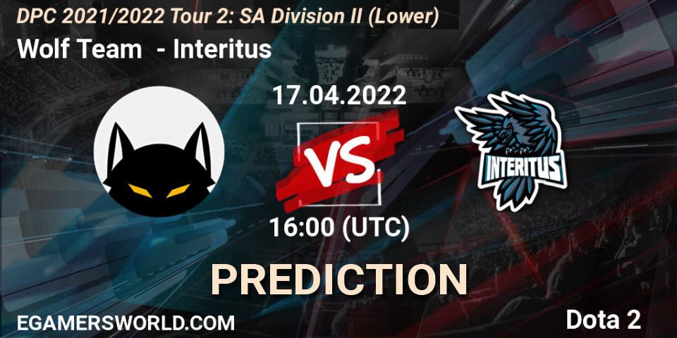 Wolf Team contre Interitus : prédiction de match. 17.04.2022 at 16:01. Dota 2, DPC 2021/2022 Tour 2: SA Division II (Lower)